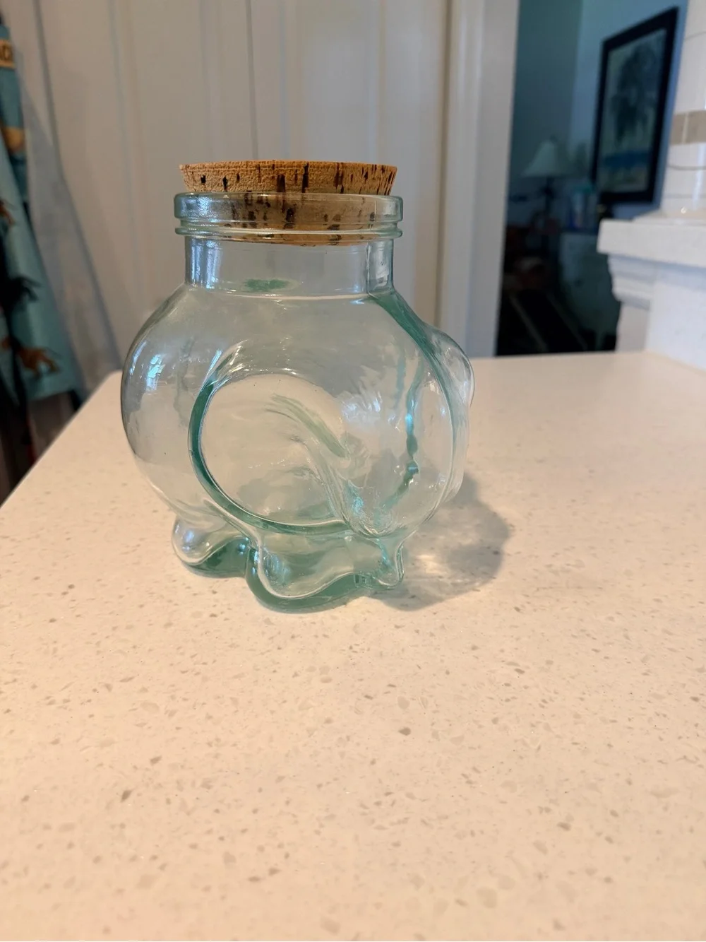 Clear Green/Aqua Elephant Shaped Glass Jar with Cork Lid